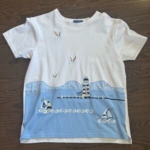 Karen Scott White & Light Blue and White Nautical Embroidered Short Sleeve Shirt